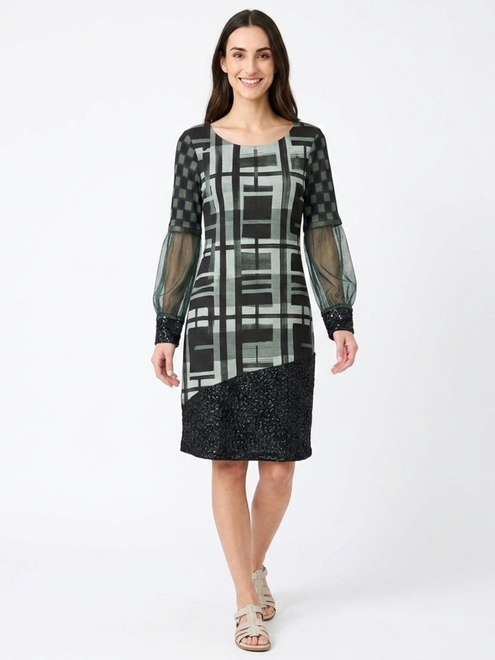 Save the Queen Geometric Sheer Sleeves Sequin Accents Shift Dress Medium NWT